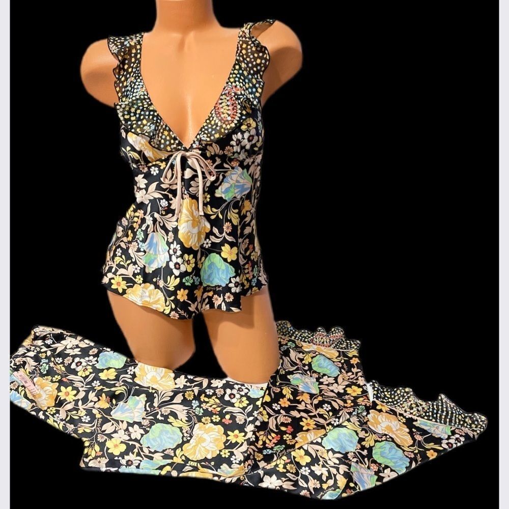 Victorias Secret Supersoft Silky Satin floral Ruffle Cami tank  pants pajama set
